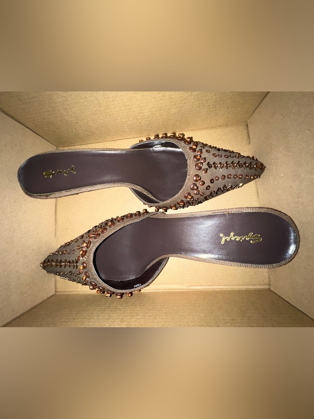 Spigel Women's Brown Beaded Pointed-Toe Kitten Heels